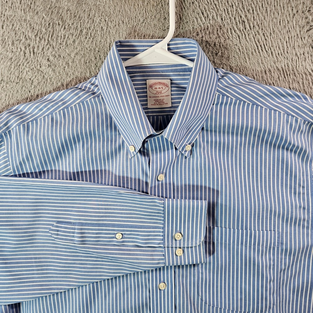 Brooks Brothers 346 Shirt Men 16 4/5 Button Up Long Sleeve White Blue Striped